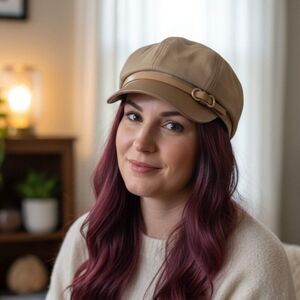 Brown Two Tone Faux Leather Newsboy Cap Cabbie Hat NWT